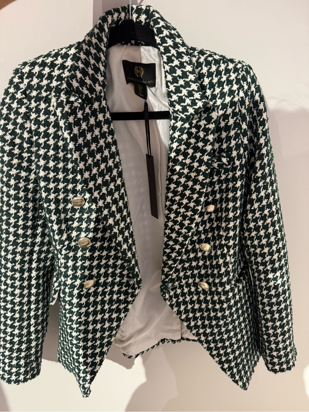 House of Harlow 1960 Green & White Houndstooth Double-Breasted Blazer